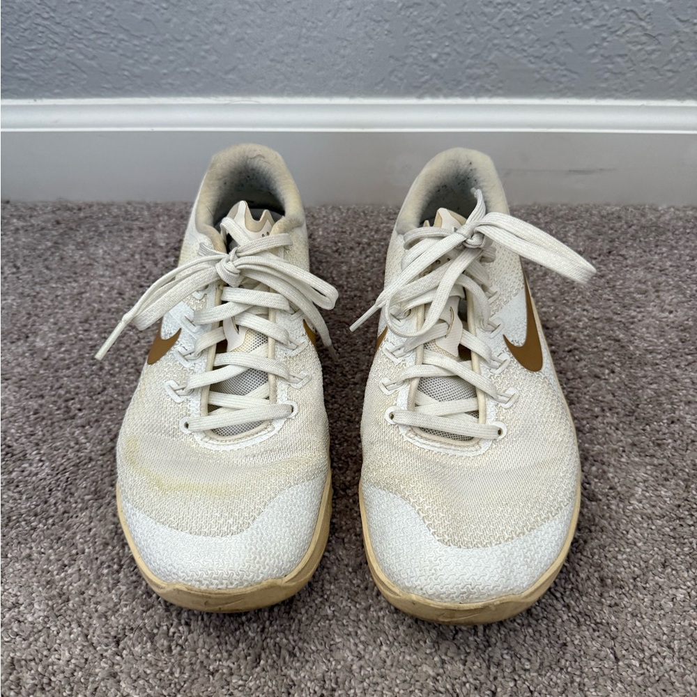 Nike White and Gold Metcon Shoes